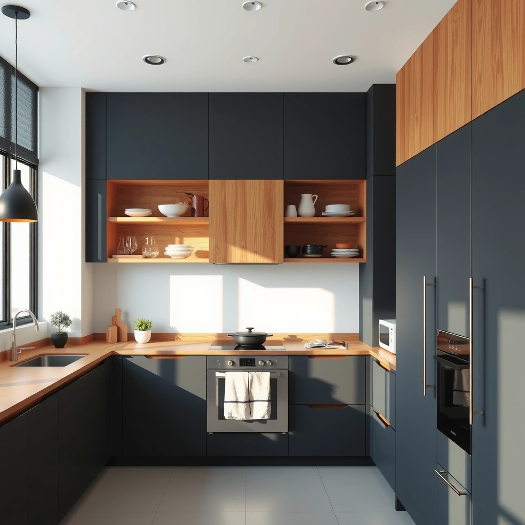 Modern Australian kitchen interior with matte charcoal cabinetry and timber accents